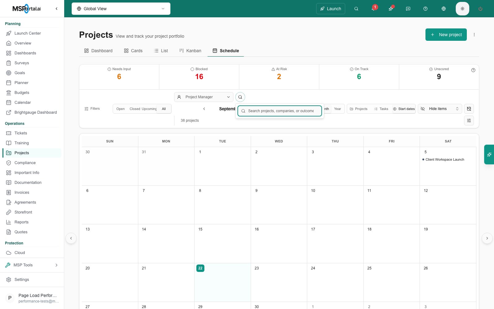 Projects > Schedule with the search field open below the magnifier icon