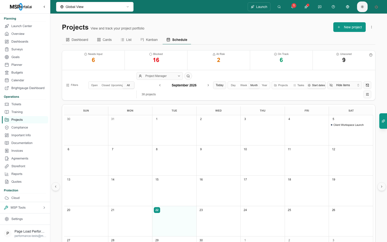 Projects > Schedule grouped by Start dates, showing a single project on its start date
