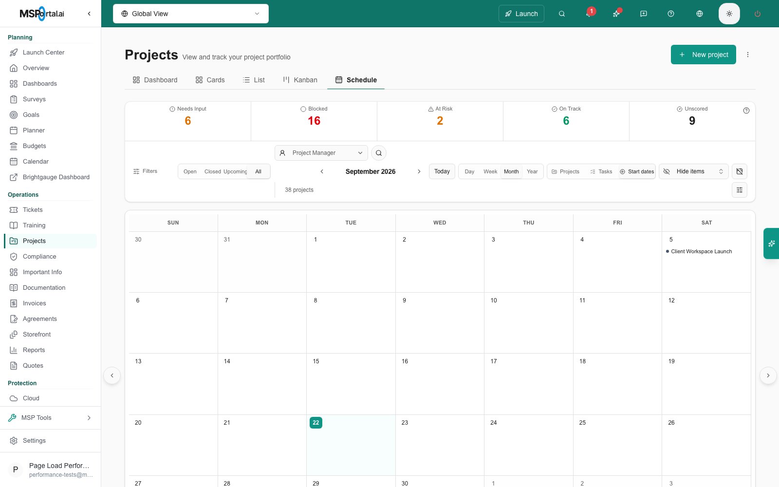 Projects > Schedule grouped by Start dates, showing a single project on its start date