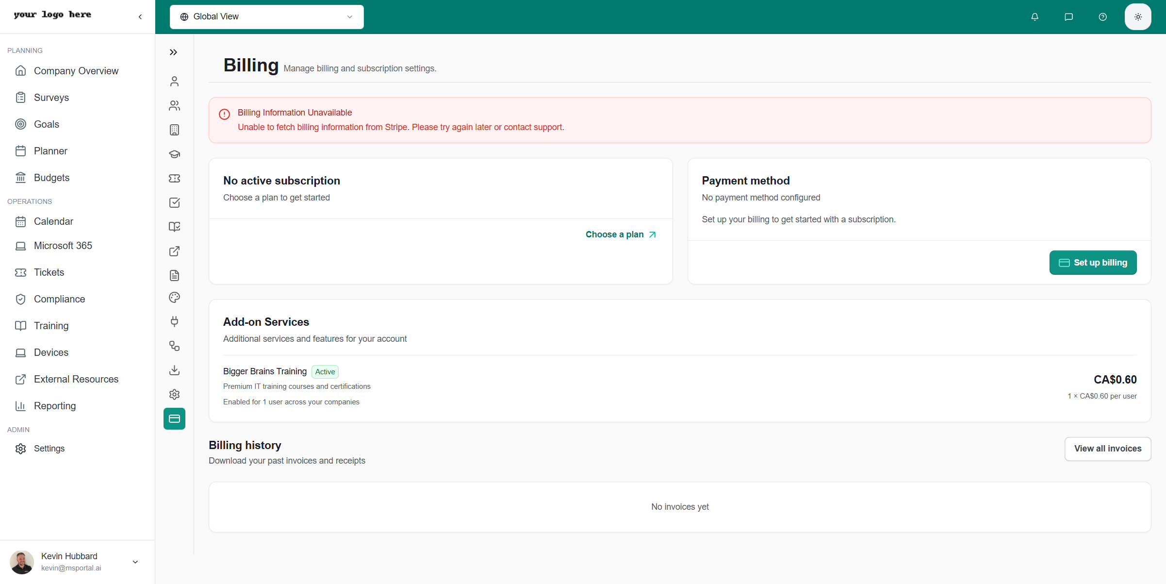Billing Settings - MSPortal.ai Documentation