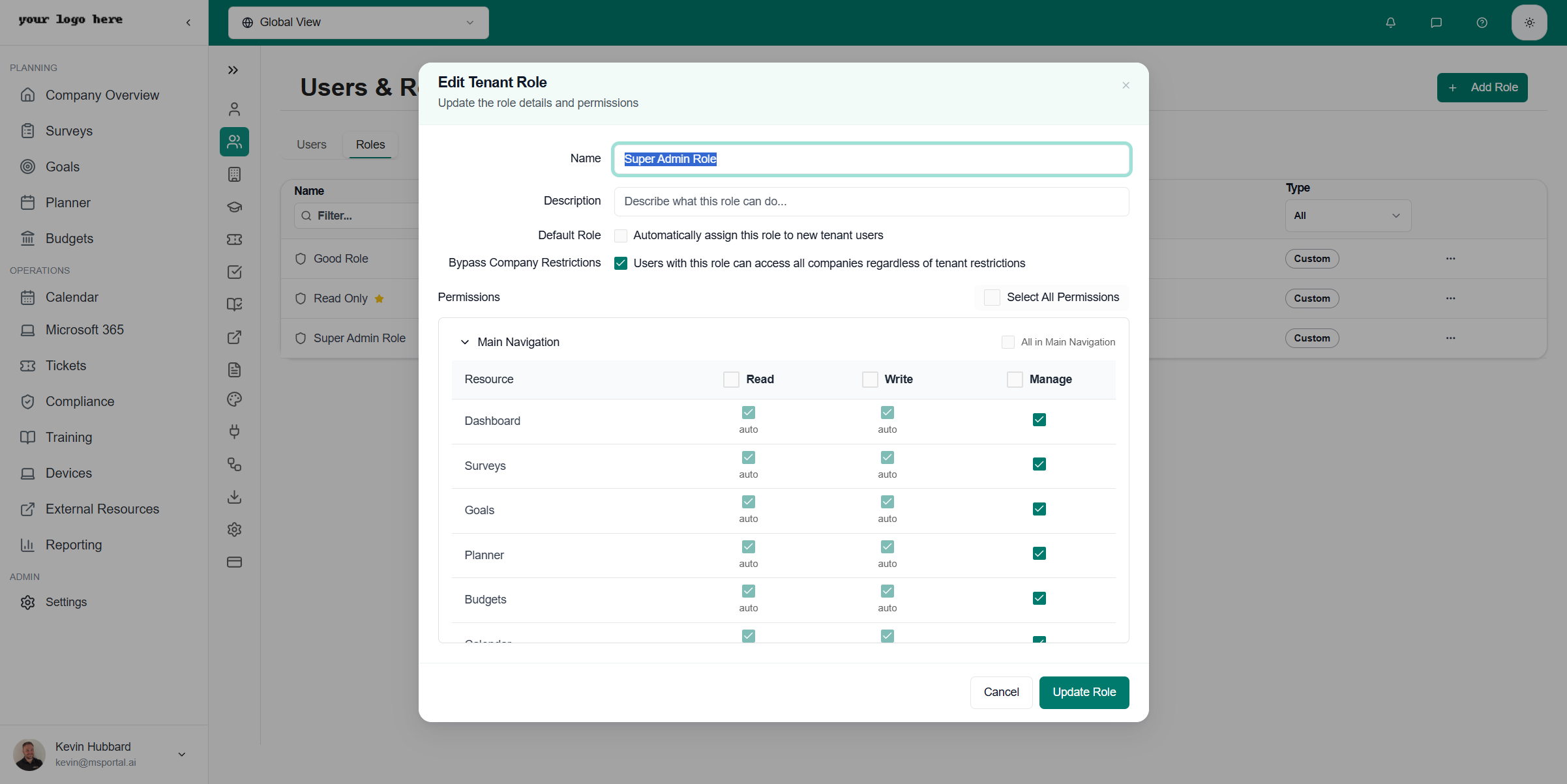 Role Edit Dialog showing RBAC permissions