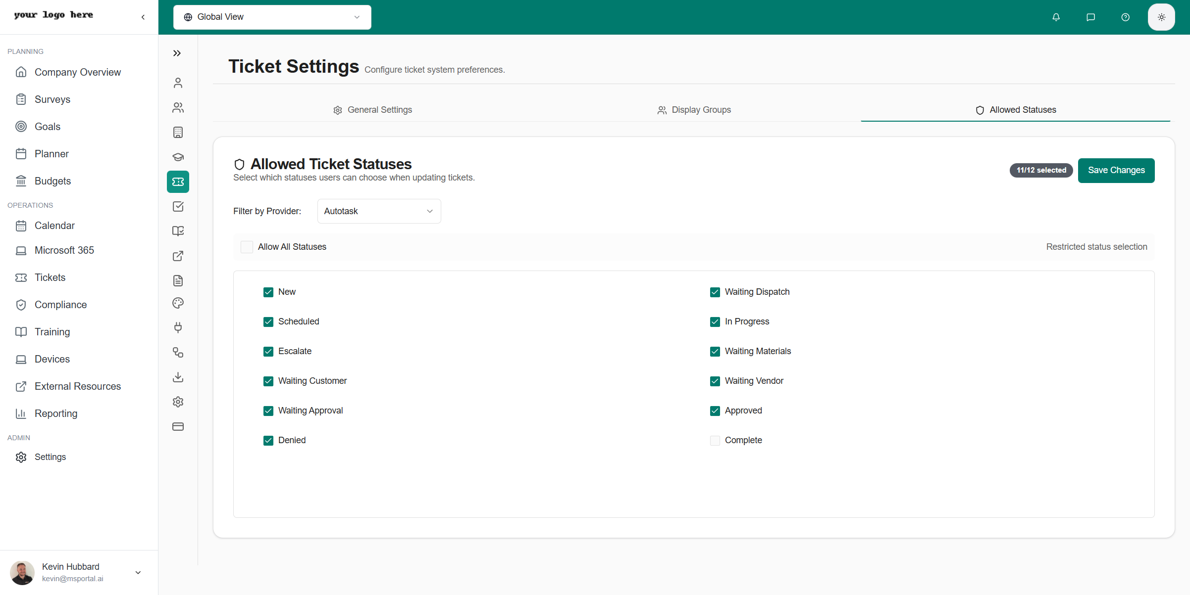 Ticket Settings - MSPortal.ai Documentation