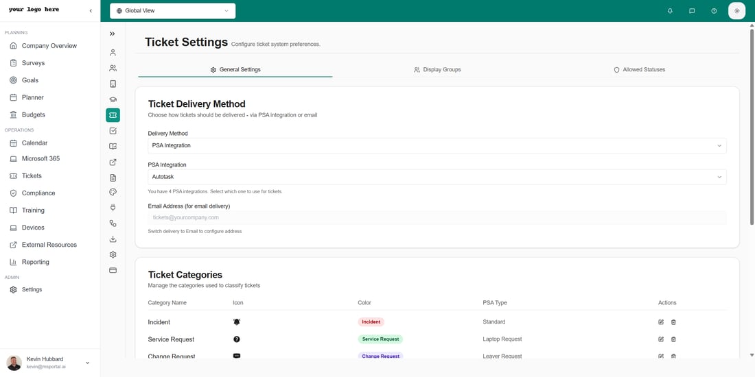 Ticket Options Ticket Settings - MSPortal.ai Documentation
