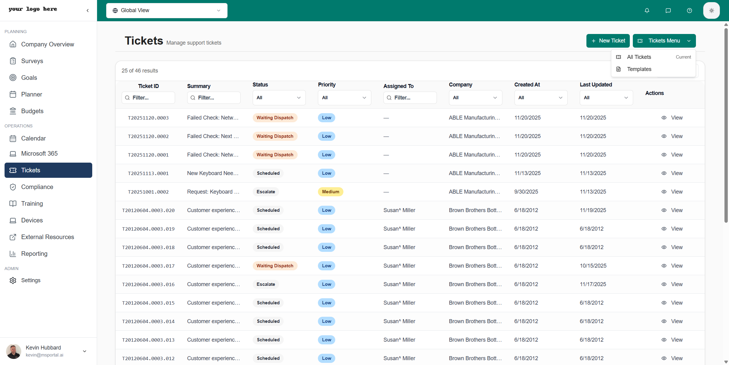 Tickets Menu Dropdown