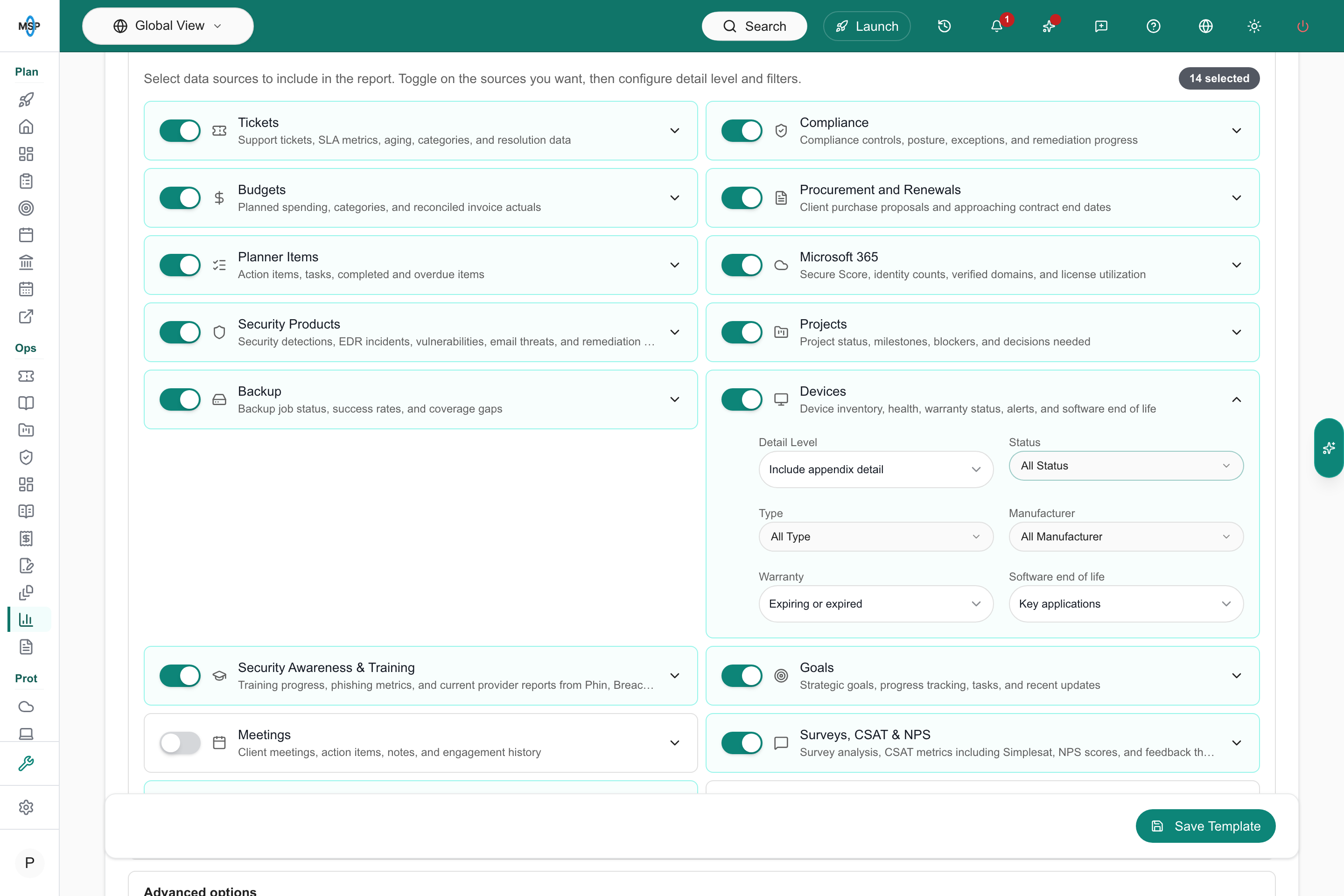 AI report builder with the Devices source expanded and Software end of life set to Key applications