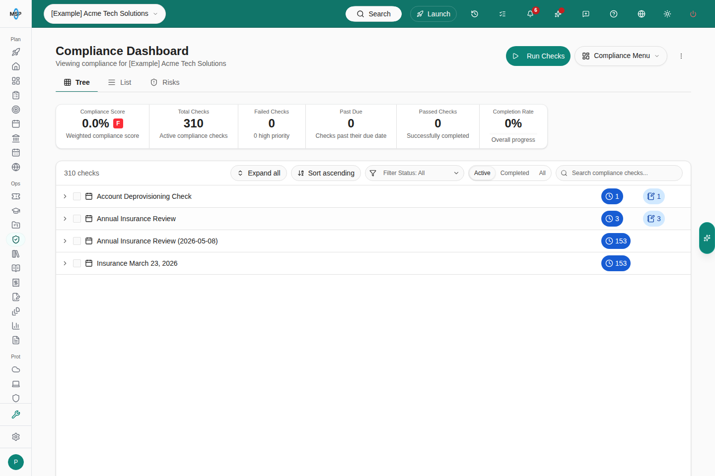 Compliance Tree sorted ascending by run name for an example Demo company