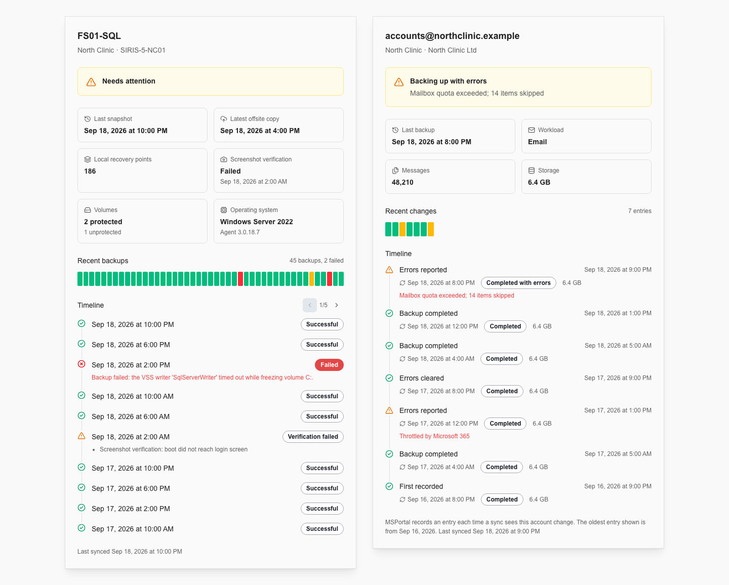 Datto Backup and NinjaOne SaaS Backup detail panels with status summaries, recent history strips and error timelines using illustrative data