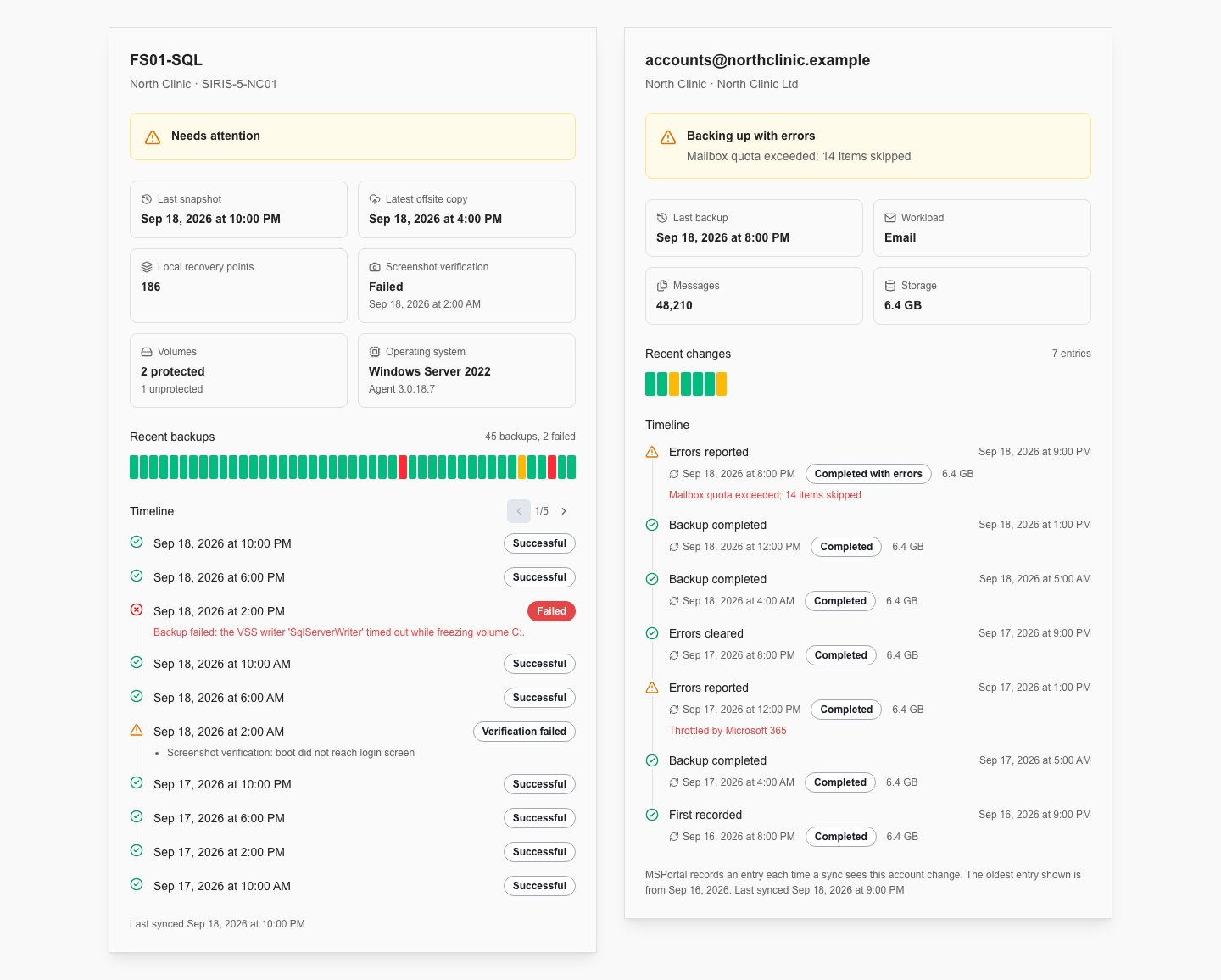 Datto Backup and NinjaOne SaaS Backup detail panels with status summaries, recent history strips and error timelines using illustrative data
