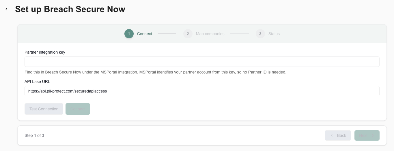 Connect step with the Partner integration key and API base URL fields