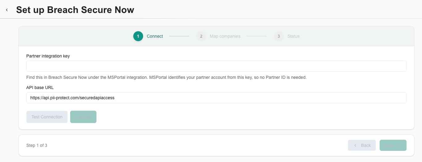 Connect step with the Partner integration key and API base URL fields