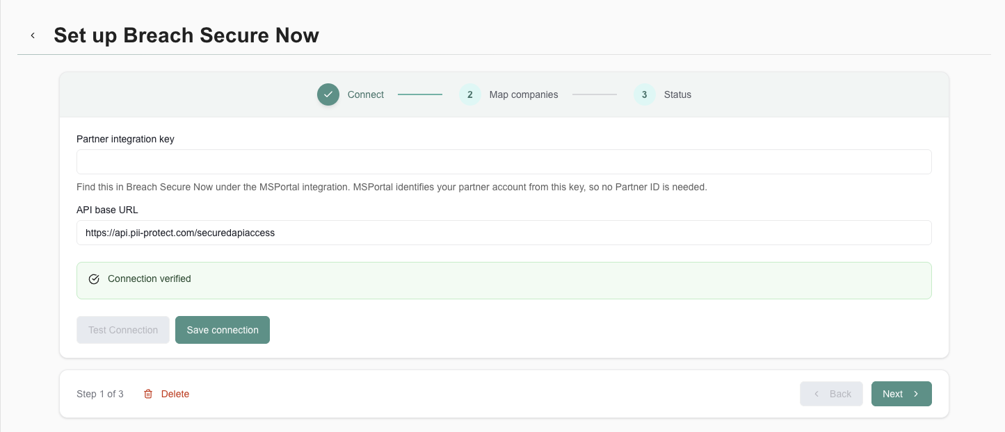 Connect step showing a verified Breach Secure Now connection
