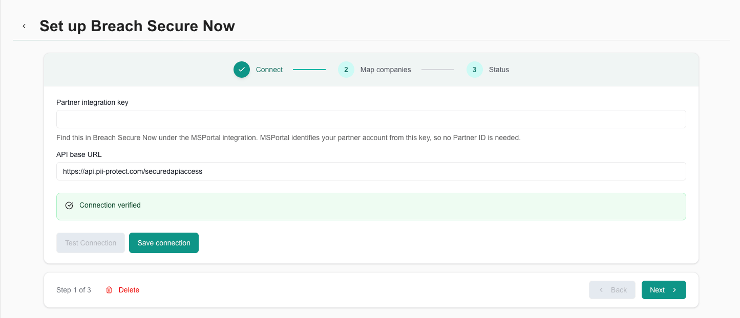 Connect step showing a verified Breach Secure Now connection