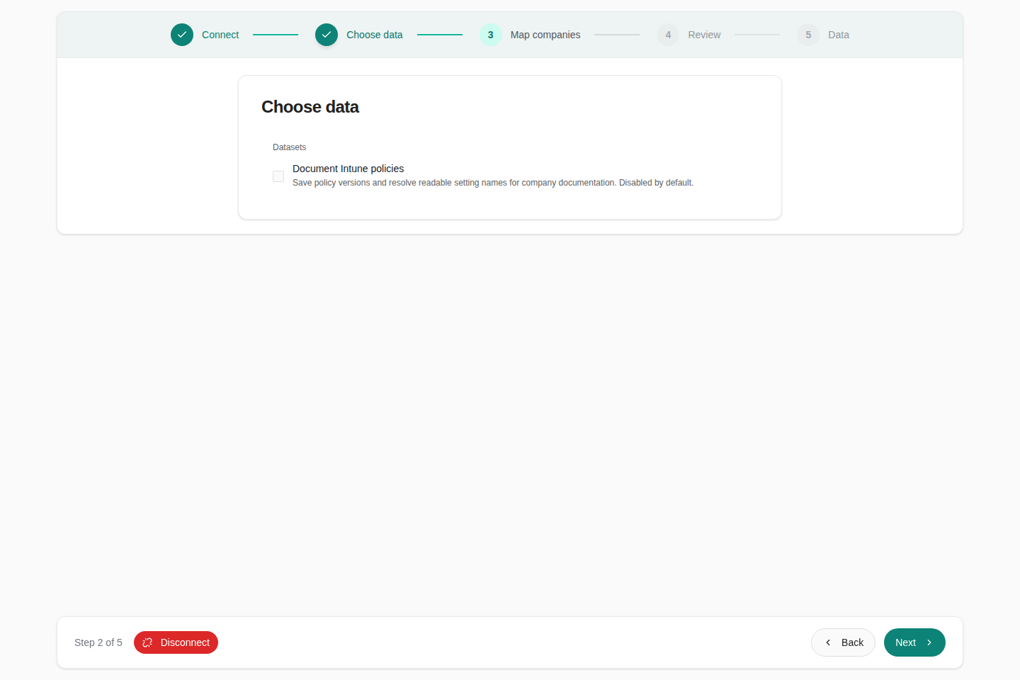 CIPP wizard Choose data step with Document Intune policies unchecked