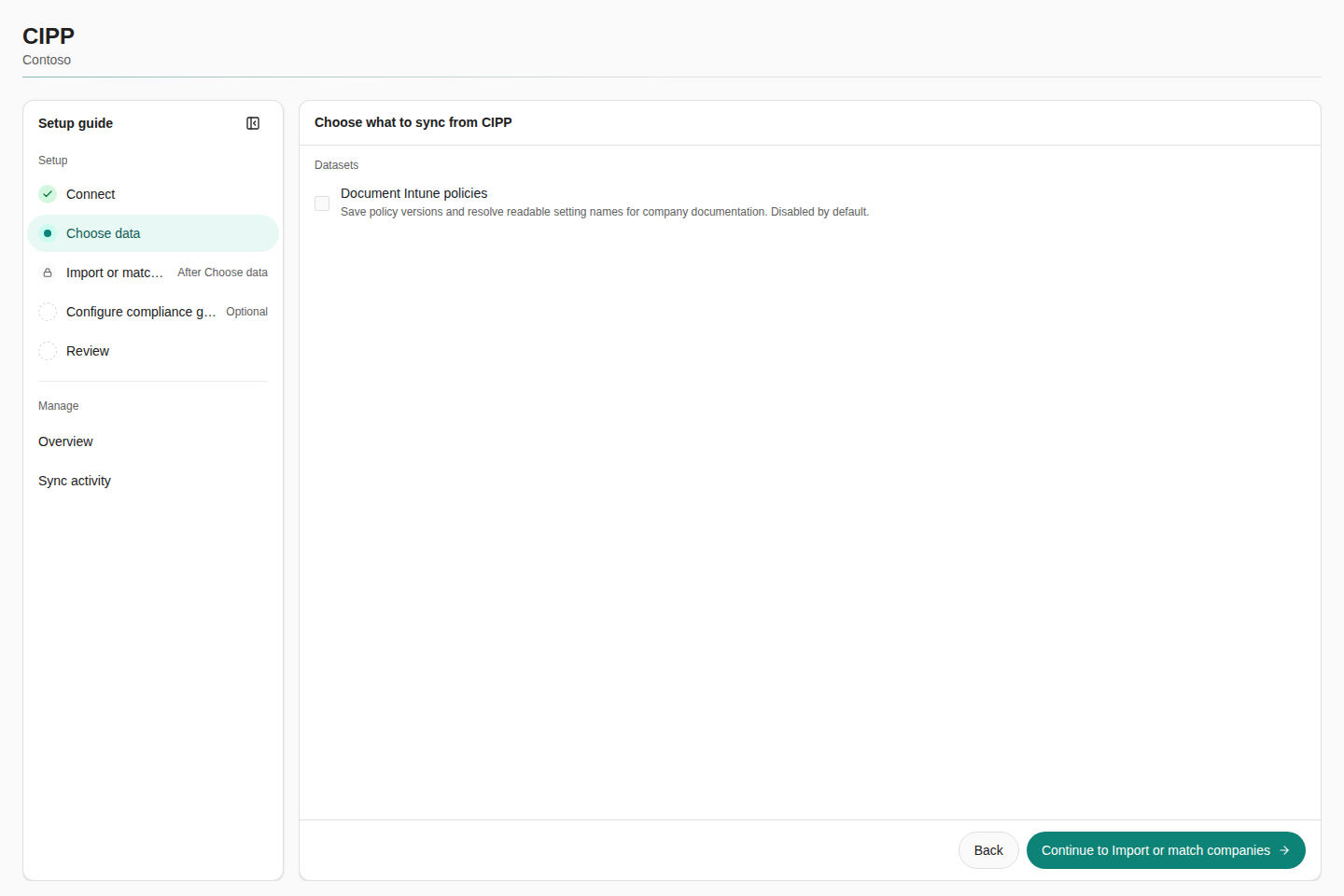 CIPP Choose data step with Intune documentation unchecked