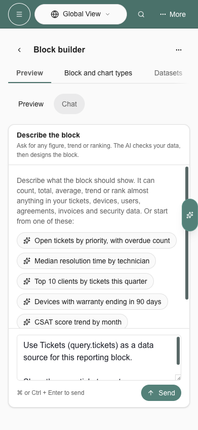 Block designer composer prefilled with the exact Tickets dataset source on a phone