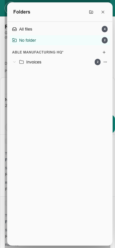 Phone folder drawer with All files, No folder and company folders