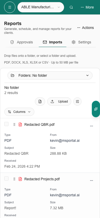 Phone Imports with a compact Folders selector above the file list
