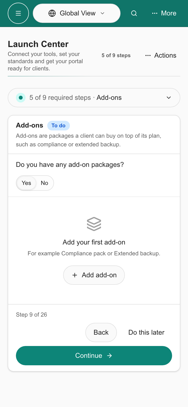 Launch Center Add-ons step on a phone with Yes selected.