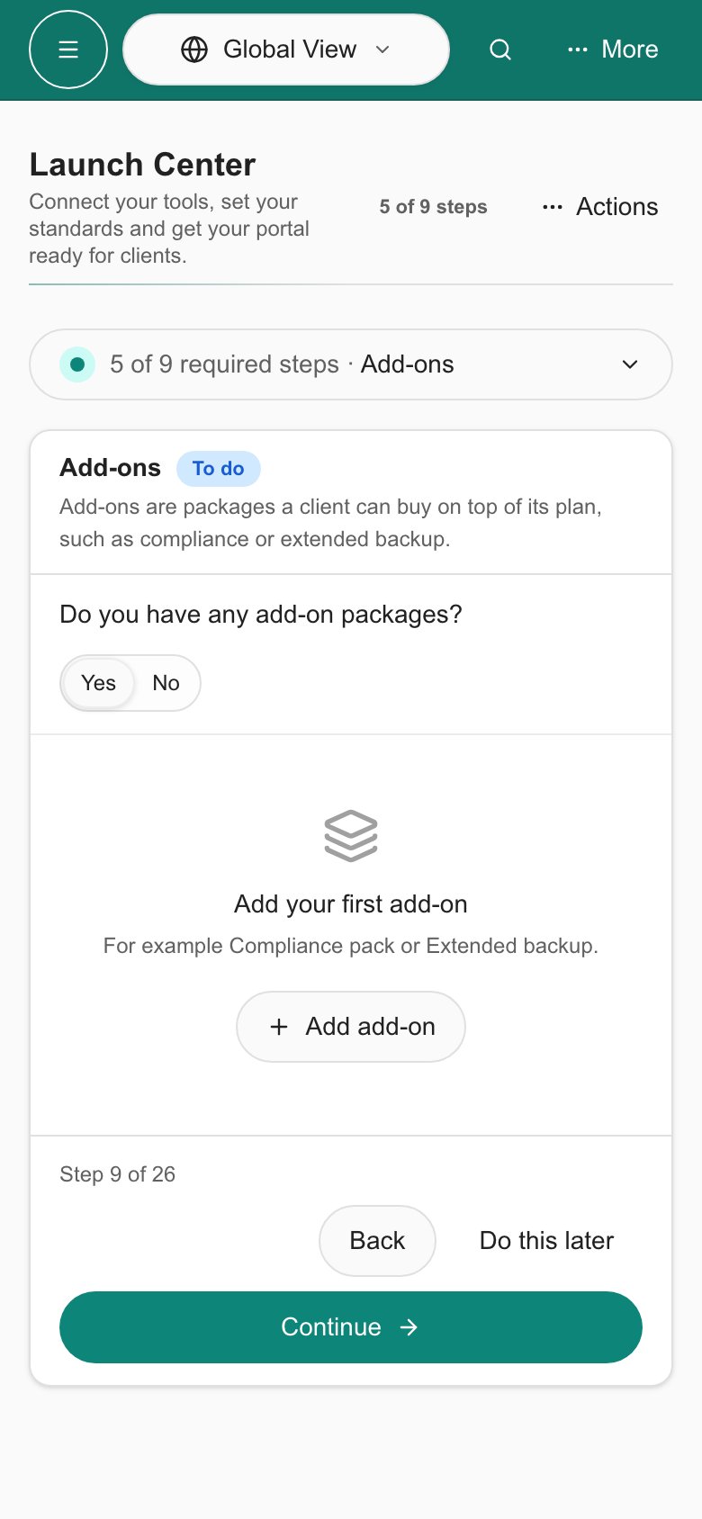 Launch Center Add-ons step on a phone with Yes selected.
