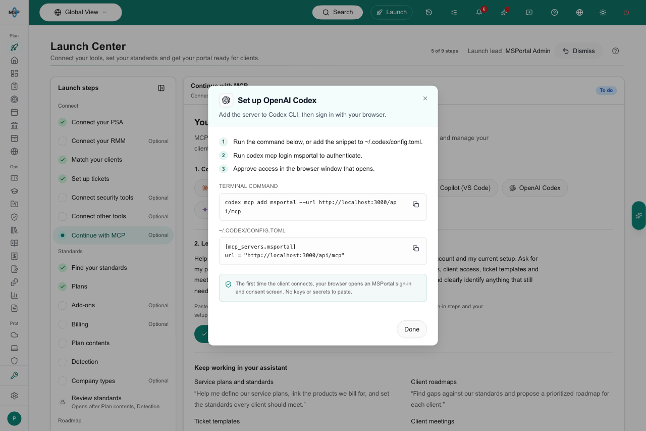 Codex setup dialog opened over the Launch Center MCP workspace.