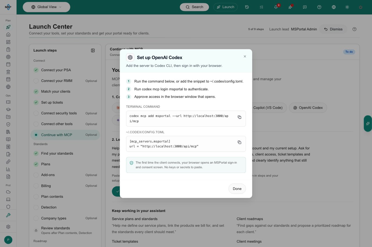 Codex setup dialog opened over the Launch Center MCP workspace.