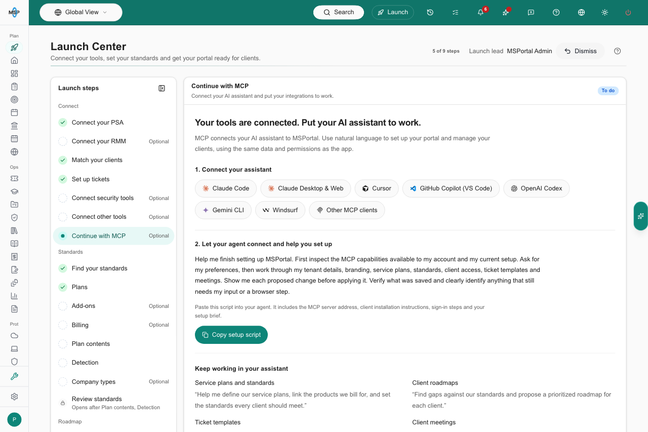 Launch Center MCP workspace with assistant connection buttons and Copy setup script.