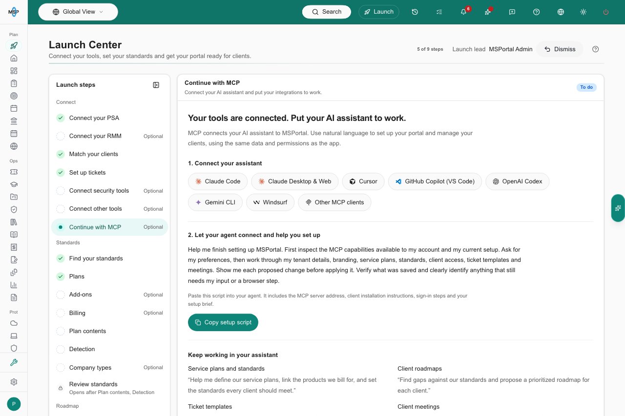 Launch Center MCP workspace with assistant connection buttons and Copy setup script.