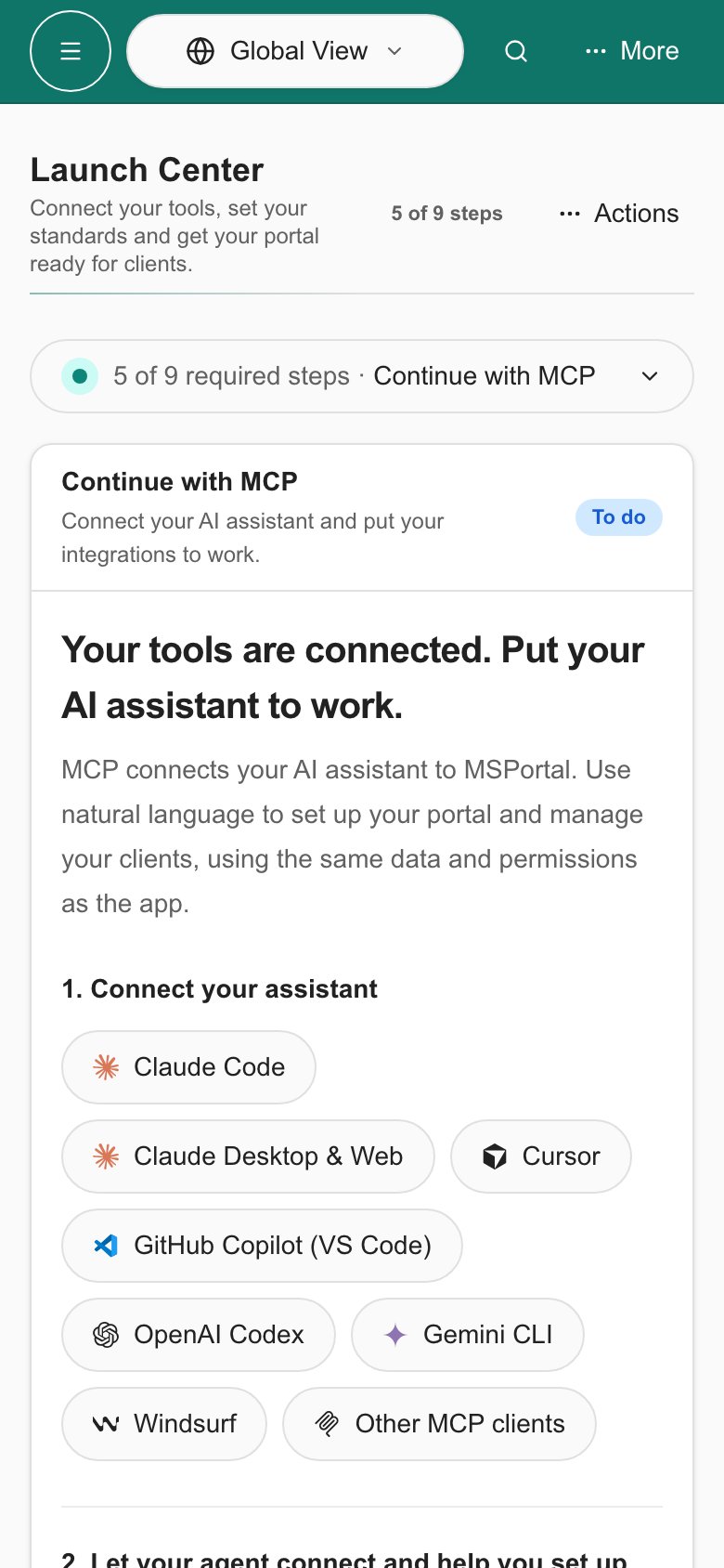 Continue with MCP workspace and assistant choices on a narrow phone screen.