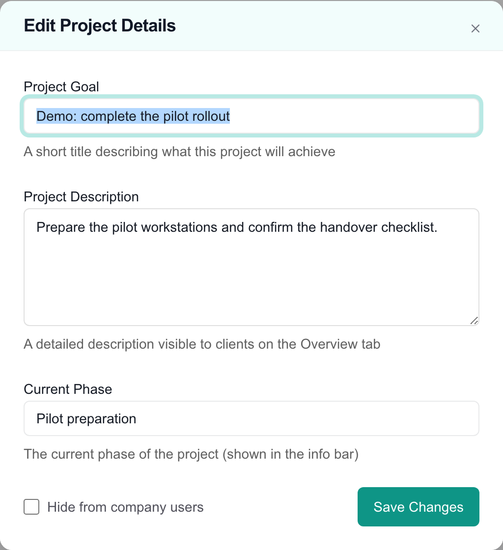 MSP Edit Project Details form showing a synthetic goal, description, current phase and Save Changes