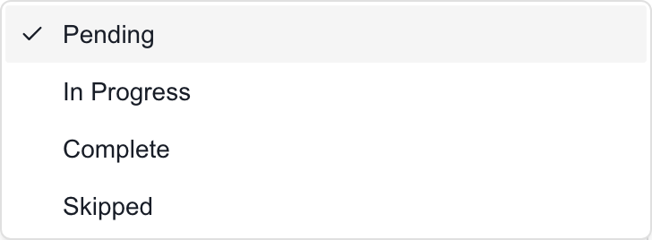 MSP milestone Status menu: Pending, In Progress, Complete, and Skipped