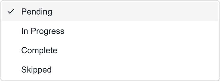 MSP milestone Status menu: Pending, In Progress, Complete, and Skipped