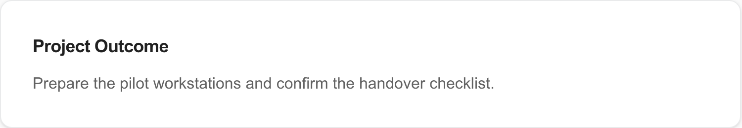 Project Outcome card with a synthetic pilot workstation handover description