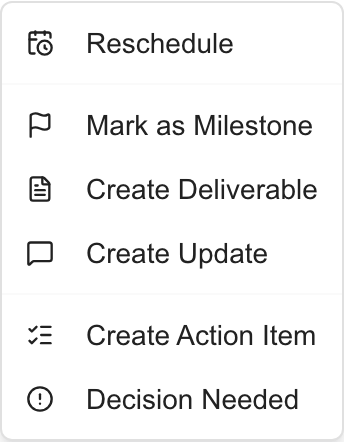 MSP Phase actions menu with Reschedule, Mark as Milestone, Create Deliverable, Create Update, Create Action Item, and Decision Needed
