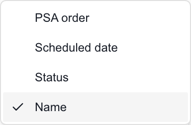 Sort phases and tasks menu with PSA order, Scheduled date, Status, and Name selected
