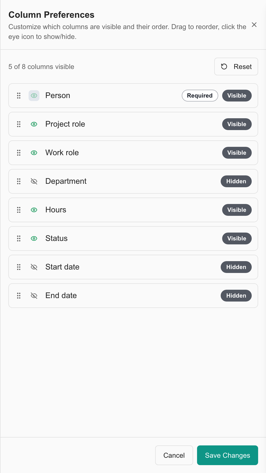 MSP Project Team Column Preferences with Person required, Department and assignment dates hidden, and Cancel and Save Changes controls