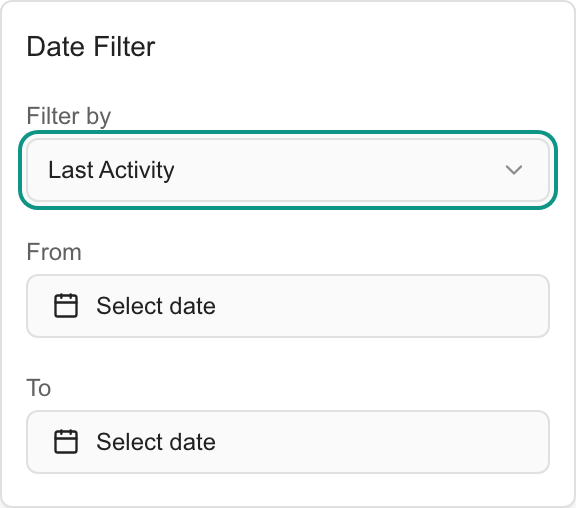 MSP Demo Date Filter popover with Last Activity and From and To date controls