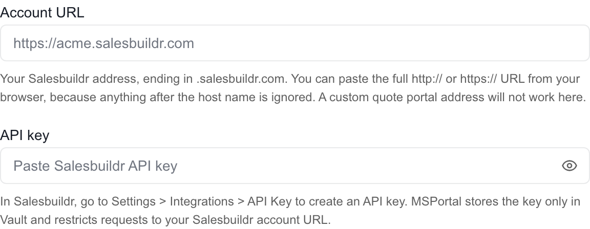 Salesbuildr Connect step with Account URL and API key fields