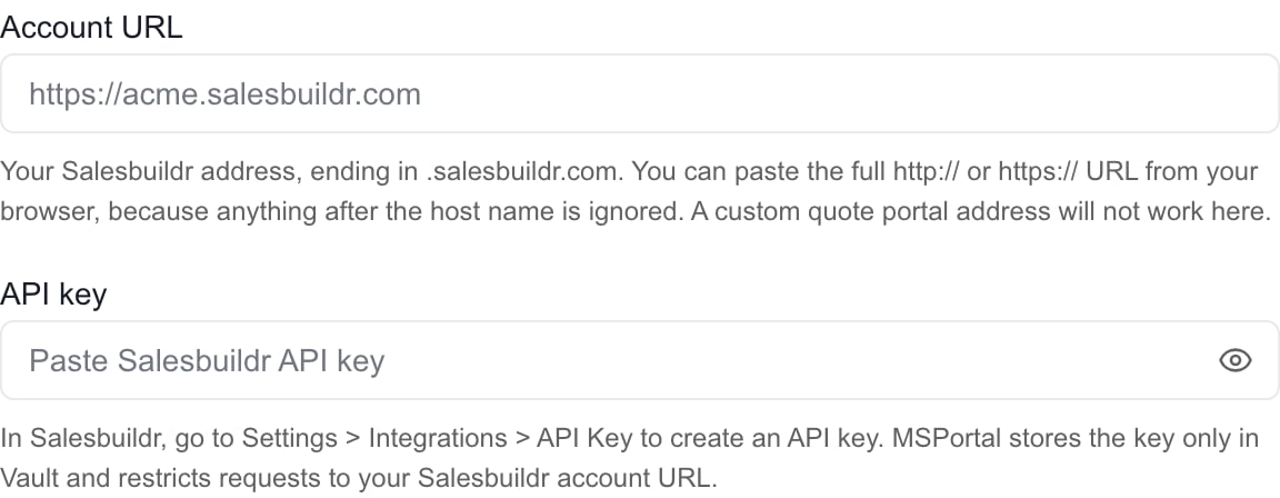 Salesbuildr Connect step with Account URL and API key fields