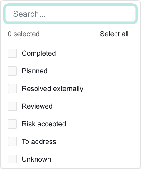 Secure Score status filter with Completed, Planned, Resolved externally, Reviewed, Risk accepted, To address and Unknown.
