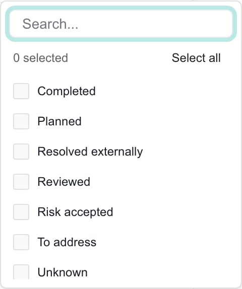 Secure Score status filter with Completed, Planned, Resolved externally, Reviewed, Risk accepted, To address and Unknown.