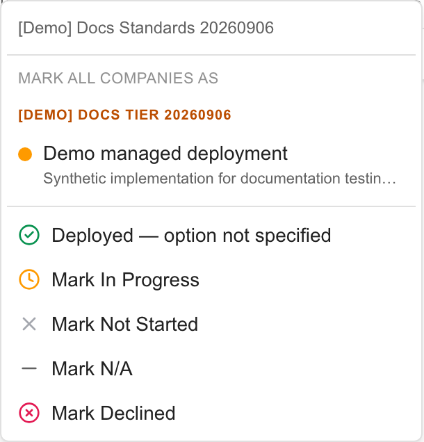 Synthetic Standards option listed beneath its tier, followed by Deployed — option not specified and other statuses.
