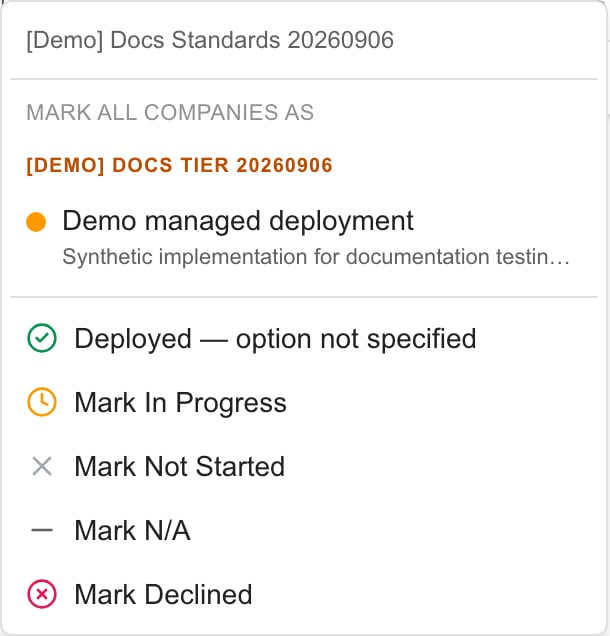 Synthetic Standards option listed beneath its tier, followed by Deployed — option not specified and other statuses.