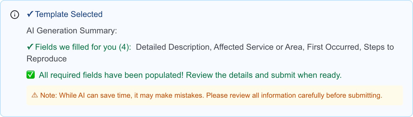 AI Generation Summary from a genuine MSP Demo request, listing populated fields and the review reminder