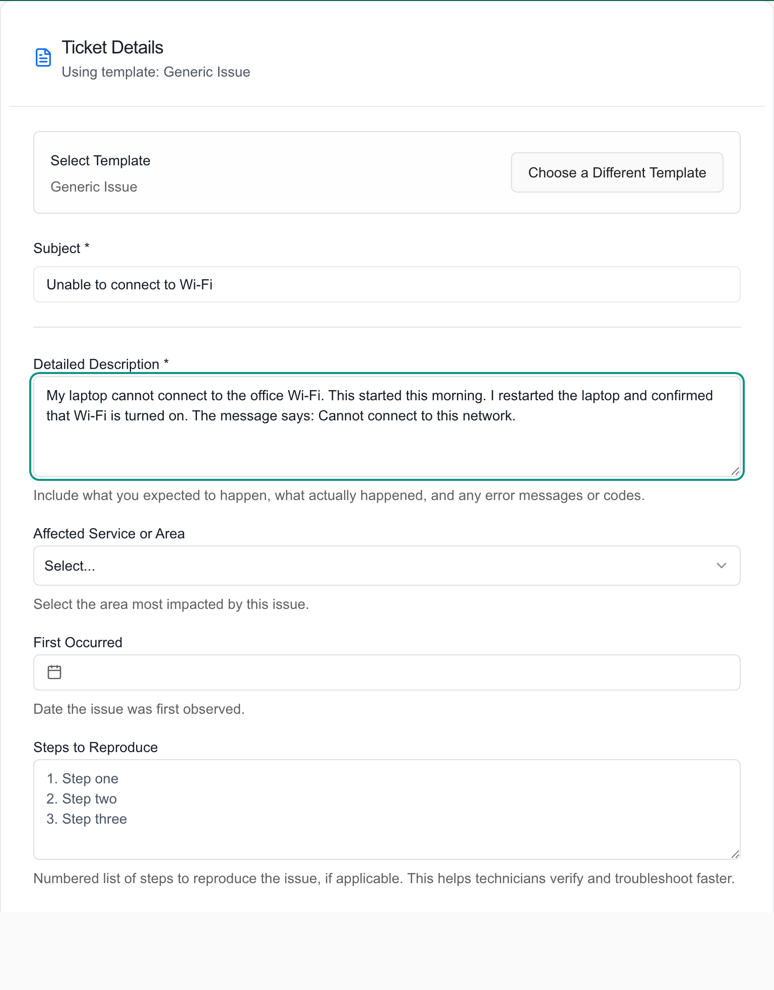 MSP Demo request form with a sample Wi-Fi issue subject and description