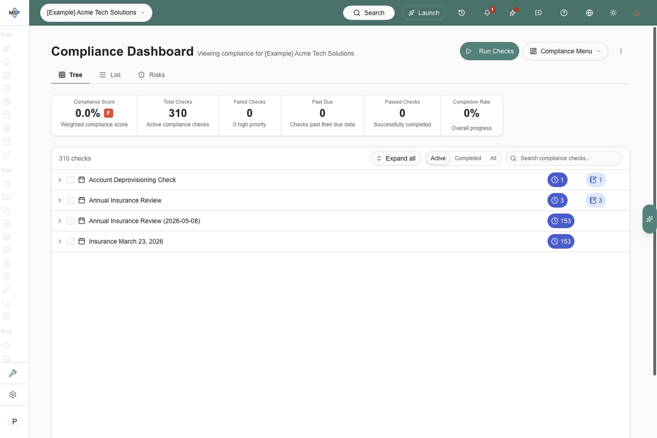 MSP Demo compliance Tree with aligned status counts for company and run rows