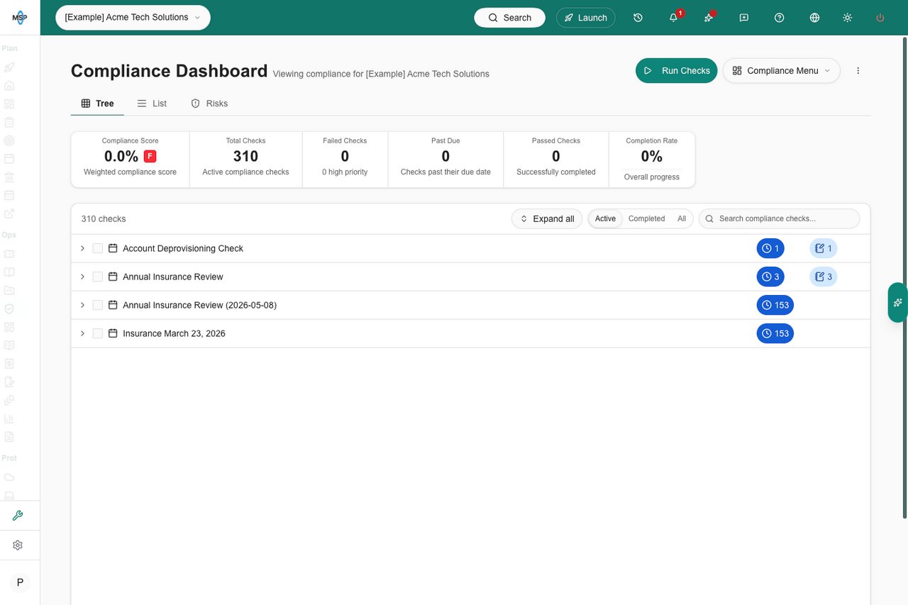 MSP Demo compliance Tree with aligned status counts for company and run rows
