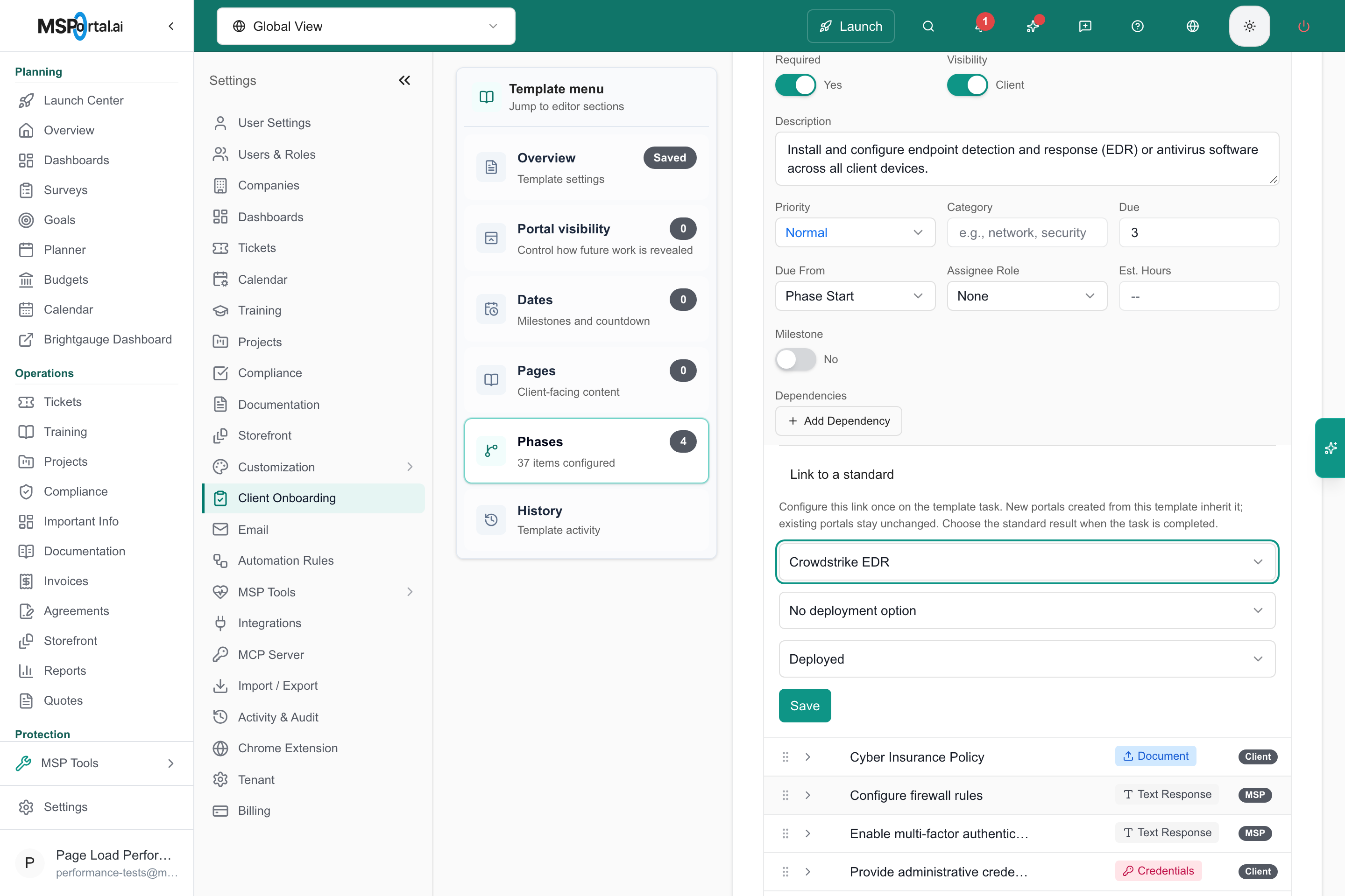 Onboarding task linked to a Standard