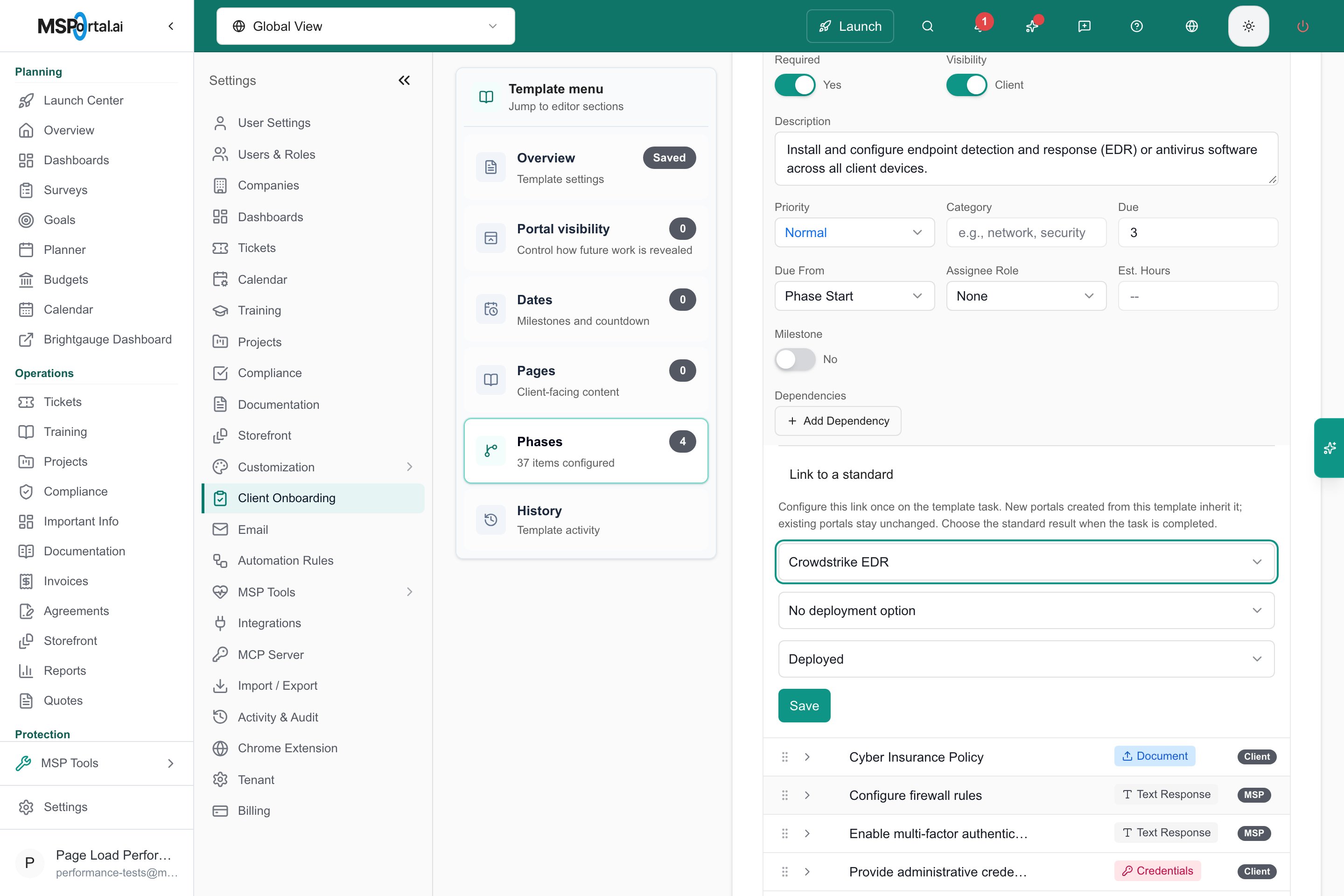 Onboarding task linked to a Standard