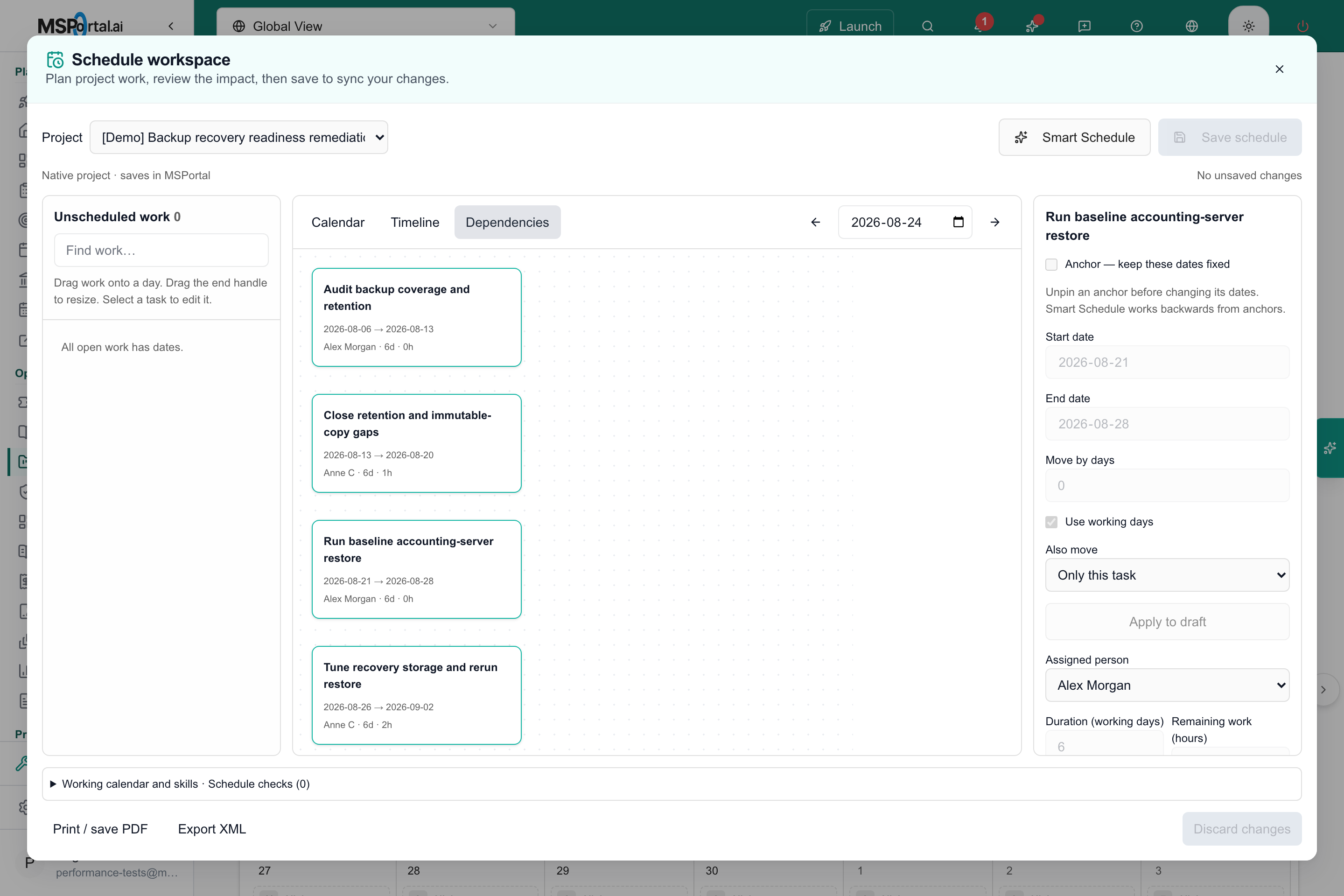 Task boxes in the Dependencies view beside the selected task editor