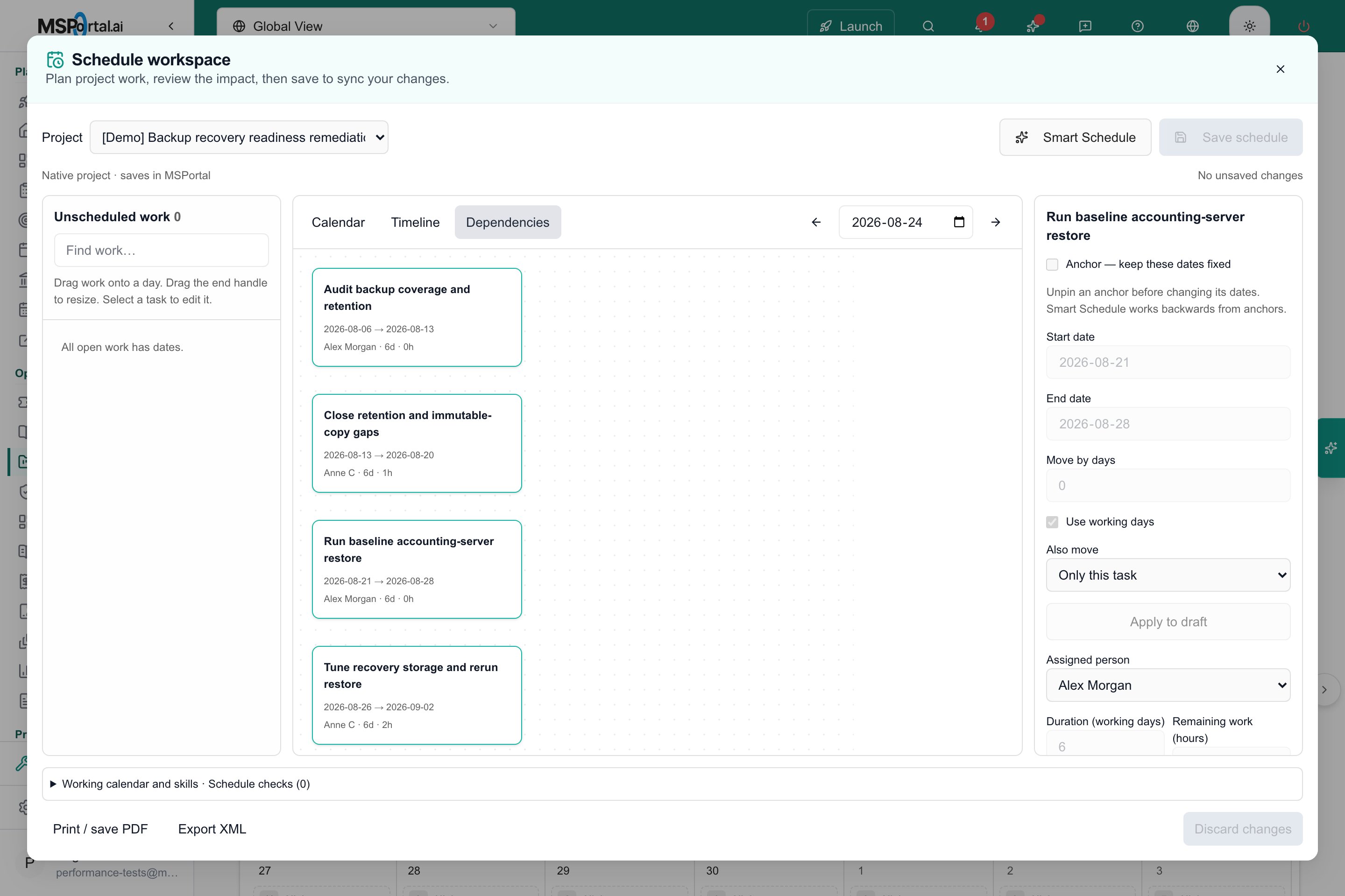 Task boxes in the Dependencies view beside the selected task editor